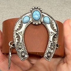 Cuff Bracelet Wide Brown Leather Southwestern Horseshoe Blue Stone