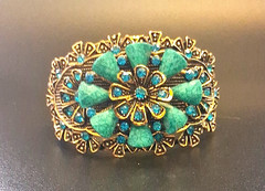 Victorian Style Filigree Cuff Bracelet Wide Blue Rhinestone Faux Turquoise
