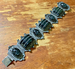 VTG Mexico Sterling Silver BANDED BLACK Onyx Bracelet Carved Mask Face 6O GRAMS