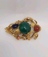 Swoboda Triple Dragon Jade Carnelian Figural Pin Brooch Gold Color VTG Estate