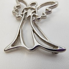 Vintage Guardian Angel Brooch Silver Tone Holding Heart Openwork Celestial Love