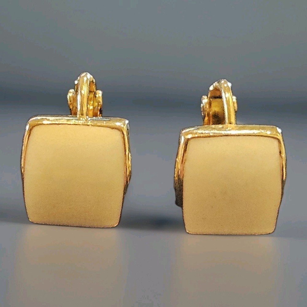 Vintage NAPIER Gold Tone Clip On Earrings with Ivory Enamel Signed .5 inches