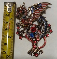 Patriotic Dragon Brooch American Flag Rhinestone Pin Red Blue Gold Tone Vintage