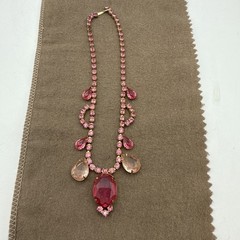 Vintage Art Deco Era Huge Raised Pink Faceted Oval Rhinestone Link Necklace