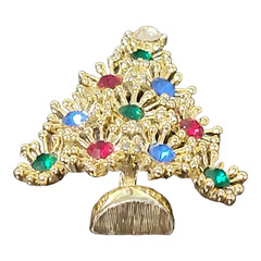 Christmas Tree Brooch Lapel Pin Gold Toned Green Red and Blue Rhinestones