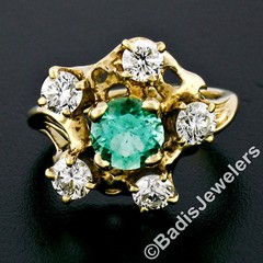 Vintage 14k Yellow Gold Round GIA RARE UNTREATED Emerald Solitaire Diamond Ring