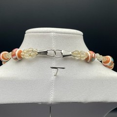 Vintage Orange White Striped Glass Bead Choker Necklace Crystal Spacers 15 in