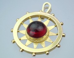 Fine Antique Victorian 15K Gold Red Paste Cabochon Nautical Compass Sun Pendant