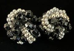 Vintage Black Silver Gray Cluster Beaded Round Faceted Stud Earrings 1” D