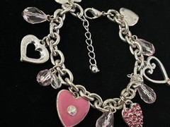 Vintage Silver Tone Heart Charm Bracelet Pink Rhinestone Dangle Lobster 8.5”Adj