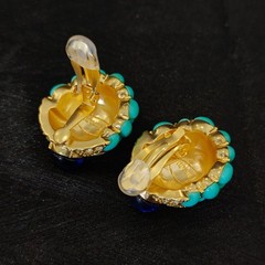 Vintage Trifari Turquoise Flower Brooch & Earrings Set Gold Tone VTG