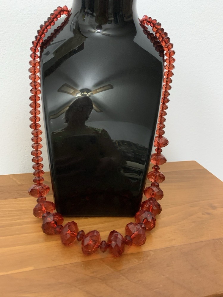 Red Faceted Glass Graduated Necklace, Rondelle &Bicon Beads, Circle Closure.30”