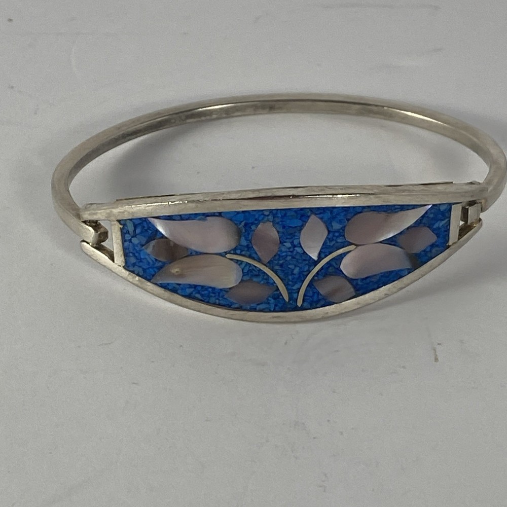 Vintage 925 sterling silver shell and blue stone inlay bracelet 6.75 in