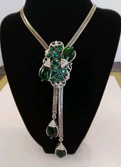 Selro Lariat Necklace Emerald Green Lucite Pendants Czech Glass Rhinestone 1960s