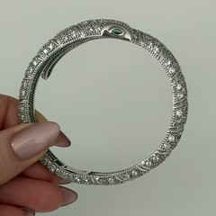 Snake Serpent Bracelet Clear CZ Green Eyed Silver Tone Sparkly Hinged Bangle