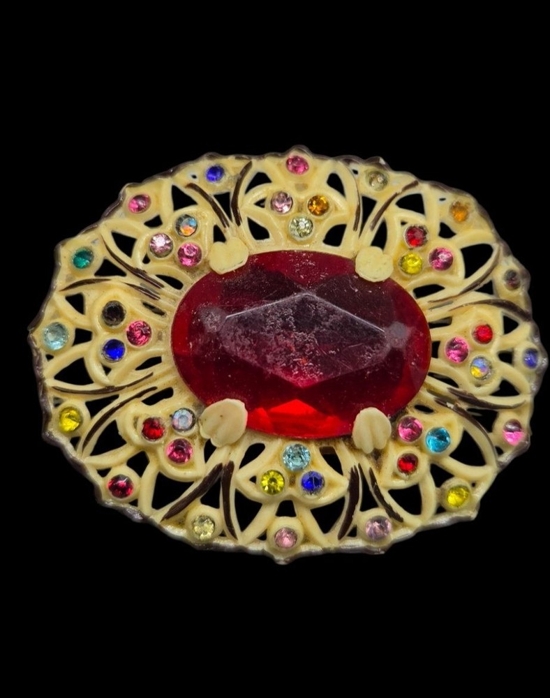 Vtg 1930s Art Deco Celluloid Filigree Brooch Central Red Stone Colorful Accents