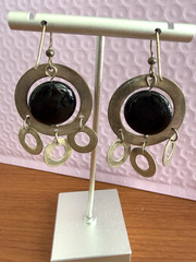 925 Sterling Silver Vintage Black Onyx Hammered Circles Dangle Earrings 2.25 in