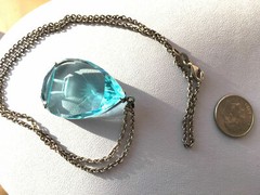 VINTAGE JAPAN MOUNT FUJI AQUAMARINE COLOR ETCHED CRYSTAL GLASS STERLING NECKLACE