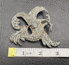 HUGE POT METAL Art Deco Phoenix Gryphon Bird Brooch Silver Tone Rhinestones READ