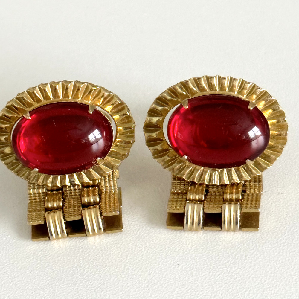 Vintage Red Glass Cabochon Gold Tone Oval Bullet Back Cufflinks