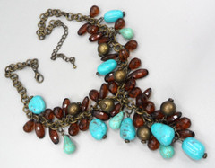 Beaded Y-Drop Choker Necklace Howlite Faux Turquoise Teardrop Briolettes Brass