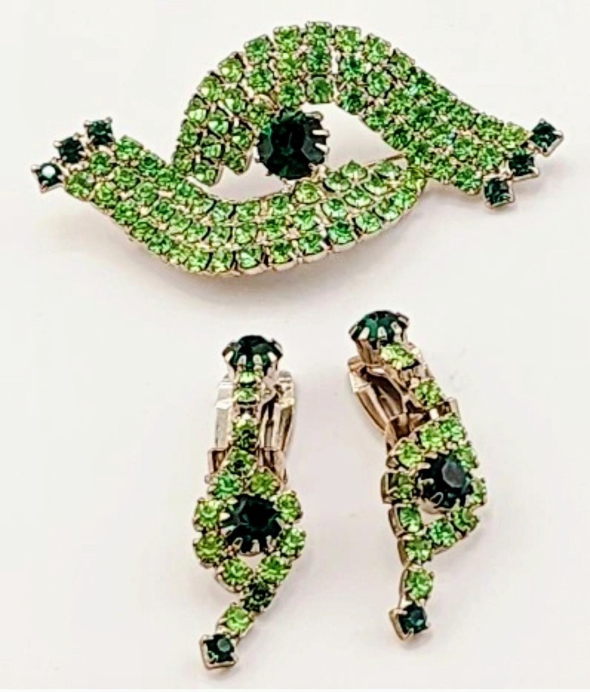 JULIANA STYLE EMERALD GREEN & LIME RHINESTONES BROOCH & DANGLE CLIP-ON EARRINGS