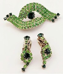 JULIANA STYLE EMERALD GREEN & LIME RHINESTONES BROOCH & DANGLE CLIP-ON EARRINGS
