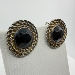 Black Faceted Cabochon Clip-On Earrings Silver Tone Rope Edge Gothic