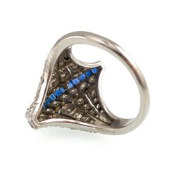 Vintage Edwardian Platinum Egyptian Revival Blue Sapphire Diamond Filigree Ring