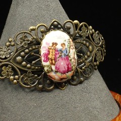70s Brass Filigree Victorian Courting Couple Porcelain Cuff Bracelet