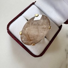 Vintage Rutilated Quartz Oval Statement Ring Gold Tone Cocktail Band Size 8