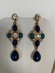 Vtg Avon JJH Blue Green Cabochon Clear Rhinestone Necklace Bracelet Earrings Set