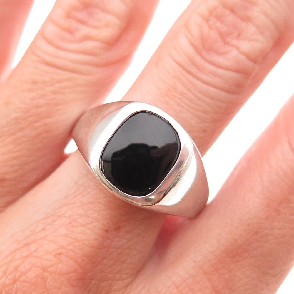 925 Sterling Silver Vintage Real Black Onyx Signet Ring Size 11.25
