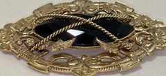 Reminiscence Brooch France, 3 1/8” Long x 2” Tall ~ Gold Tone ~ Black Onyx Stone