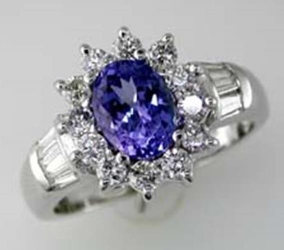 2.33CT DIAMOND & AAA TANZANITE 14KT WHITE GOLD OVAL ROUND & BAGUETTE FLOWER RING