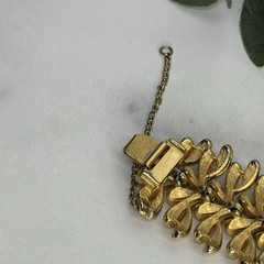 Vintage Signed Francois Brushed Gold Tone Leaf Design Wide Bracelet Safety Chain