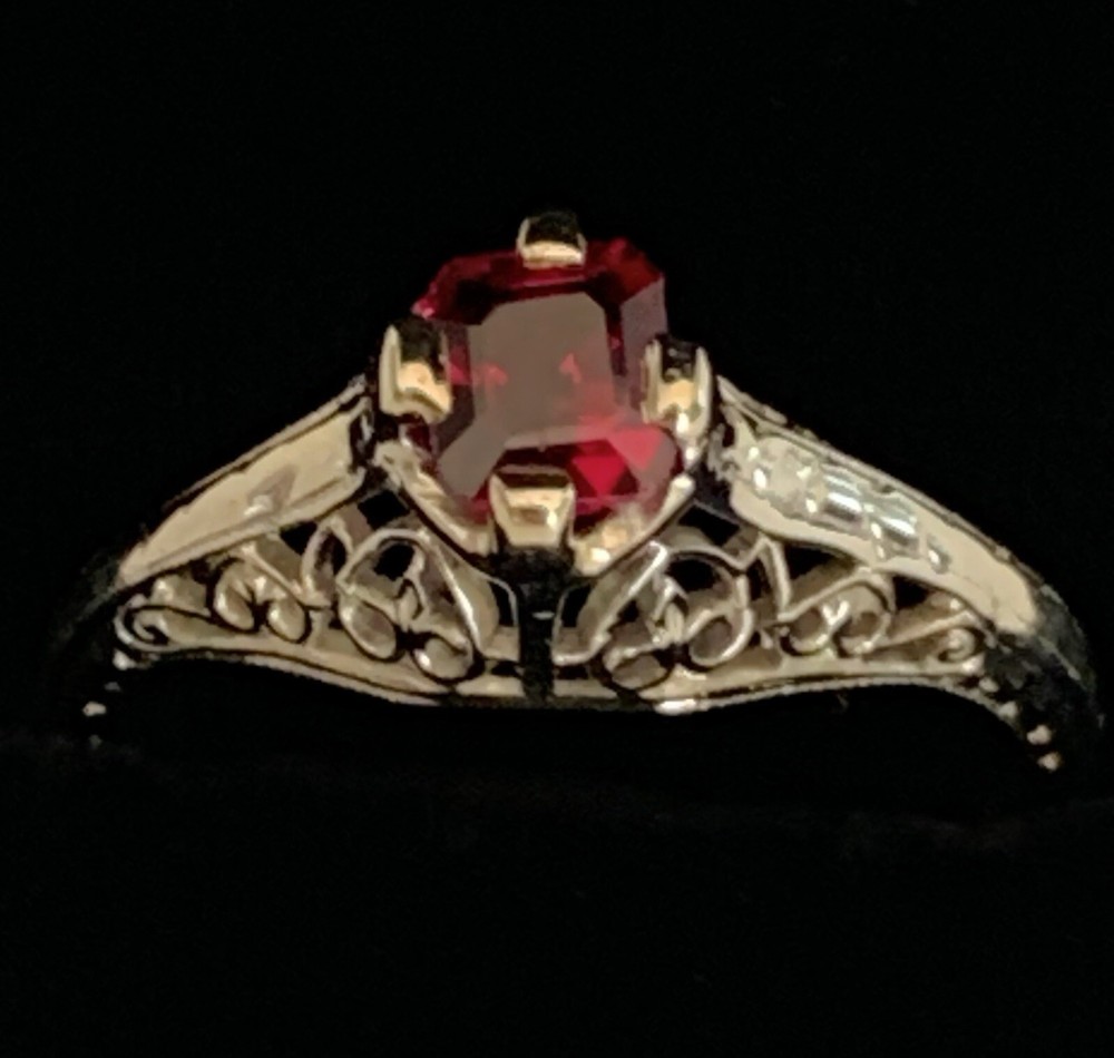 Art Deco Belais 18k White Gold Filigree Ring w/ Ruby – Appraised $2,650