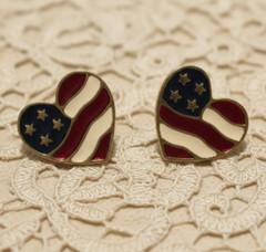 Vintage American Flag Heart Earrings by Avon Enameled on Gold tone Pierced