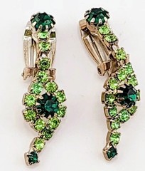 JULIANA STYLE EMERALD GREEN & LIME RHINESTONES BROOCH & DANGLE CLIP-ON EARRINGS