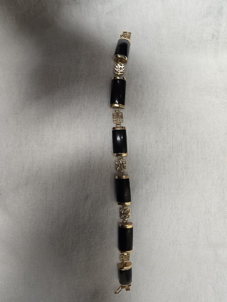 Vintage 14K Yellow Gold Black Onyx Chinese Fortune Good Luck Bracelet