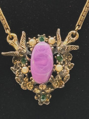 Antique Gold Tone Necklace w/Seed Pearls, Green Rhinestones, Purple Glass Center