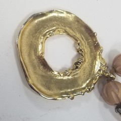 Vintage Gold Tone Brutalist Necklace Leather Wood Bead Pendant Boho
