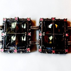 Vintage Smoky Gray Glass Panel Bracelet Pink Rhinestones Gothic Art Deco Style