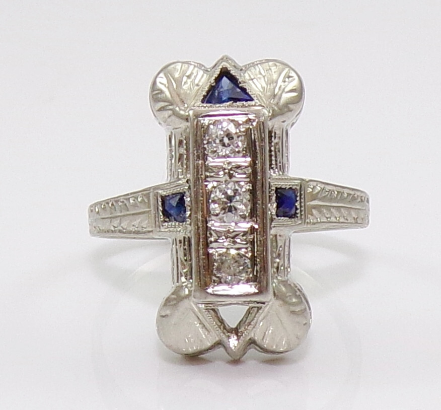 VTG 18K White Gold Art Deco European Cut Diamond & Sapphire Ring Size 5.5 FZ
