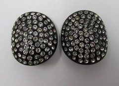 Large Black Lucite Flush Set Rhinestone Clip Earrings Mid-Century Vintage
