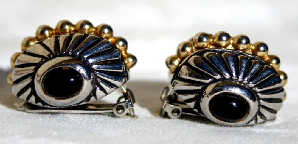 Modernist Earrings Clip-on Black Cabochon Silver Gold Tone MCM