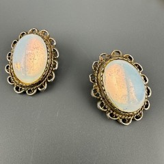 Vintage Opalite Necklace Earrings Set Silver Tone Scalloped Filigree Box Clasp
