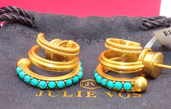 JULIE VOS 24K GP HYDRA TRIPLE HOOP Turquoise Blue Post Pierced GOLD EARRINGS NIB