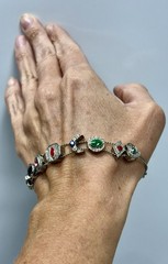 VTG Victorian Revival Slider Charm Bracelet Silvertone Rhinestones Enamel 7 1/4″