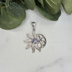 Vintage Mexico Sterling Silver Sun & Crescent Moon Eclipse Pendant Purple Stone